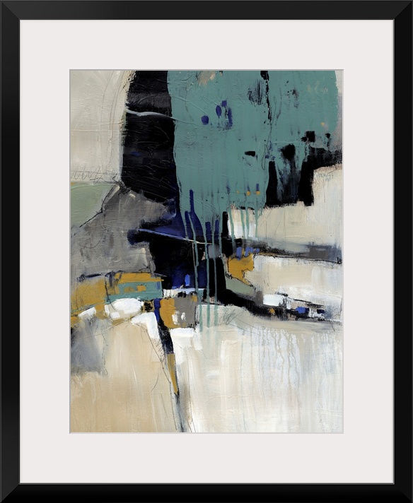 Contemporary artwork with layers of dripping paint and overlapping abstract shapes.