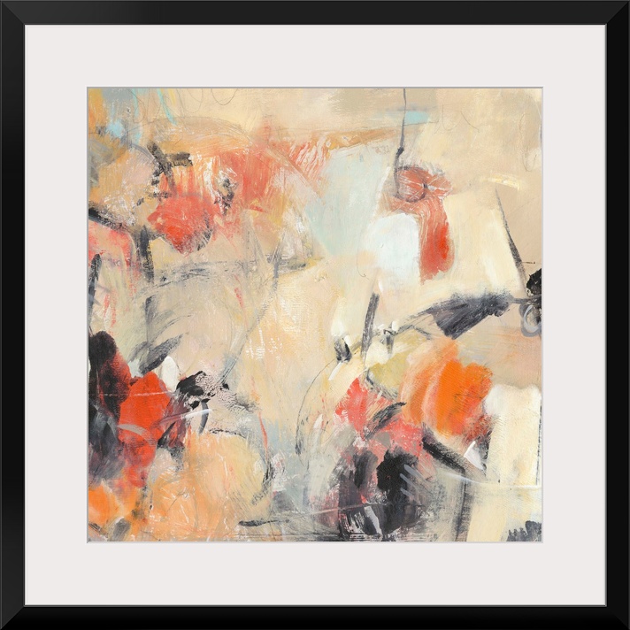 Contemporary abstract painting in various colors like muted orange and bright orange-red.