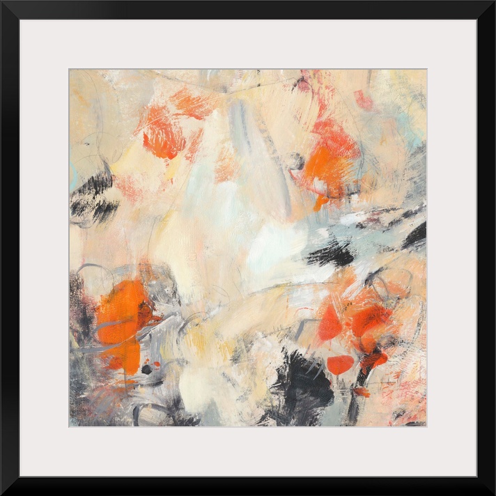 Contemporary abstract painting in various colors like muted orange and bright orange-red.