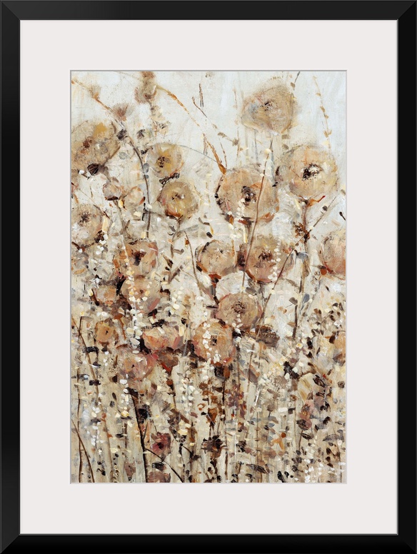 Contemporary painting of abstracted wildflowers in various brown hues.