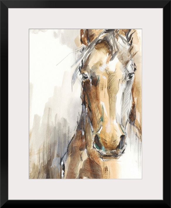 Beautiful artwork of a tan horse in a loose, sketchy, watercolor style. This elegant image would compliment a farmhouse or...
