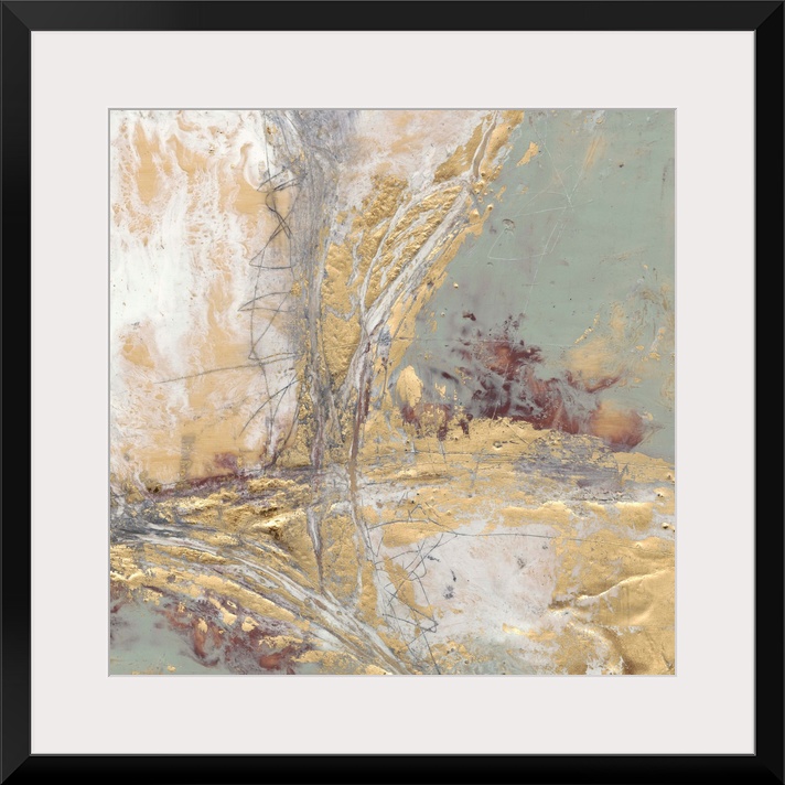 Contemporary abstract painting with gold and grey.
