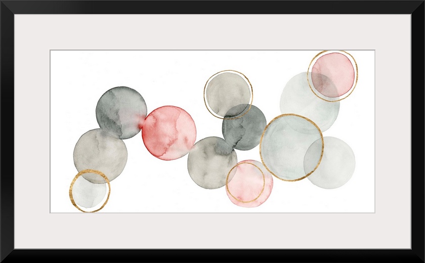 Contemporary abstract painting with watercolored circles connecting together in shades of gray and pink, with metallic gol...