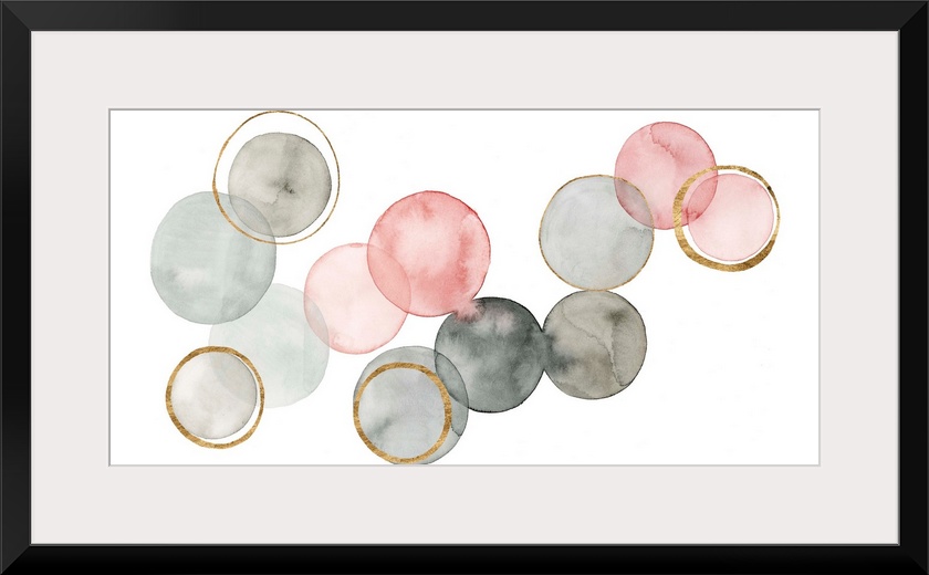 Contemporary abstract painting with watercolored circles connecting together in shades of gray and pink, with metallic gol...