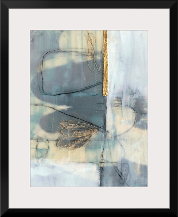 Whimsical contemporary abstract collage in grey-blue and gold.