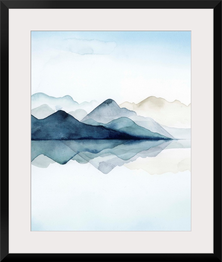 Watercolor painting of misty mountains reflected in glacial waters.