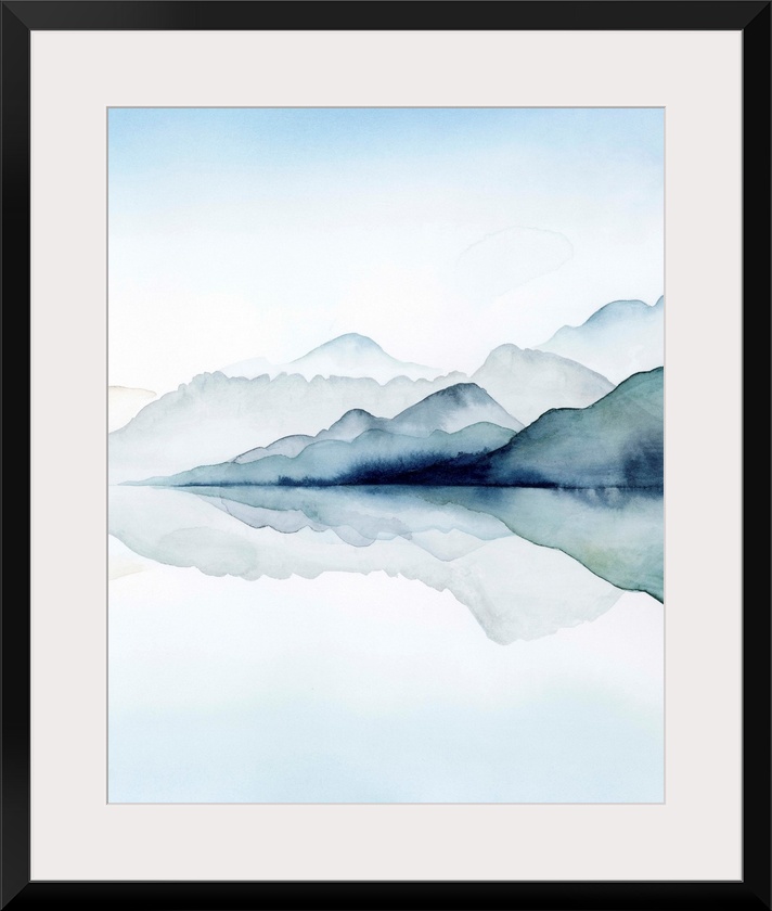 Watercolor painting of misty mountains reflected in glacial waters.