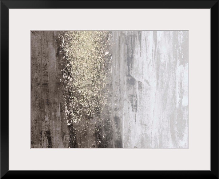 A horizontal, neutral abstract in tones of warm grey with a glittery gold accent. The background is reminiscent of natural...