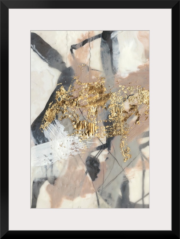 Abstract of chaotic brush strokes of gray, black and beige in washed out shaded on a cream background with metallic gold a...