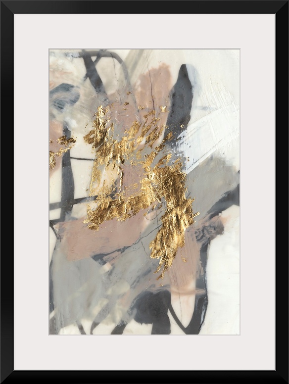 Abstract of chaotic brush strokes of gray, black and beige in washed out shaded on a cream background with metallic gold a...