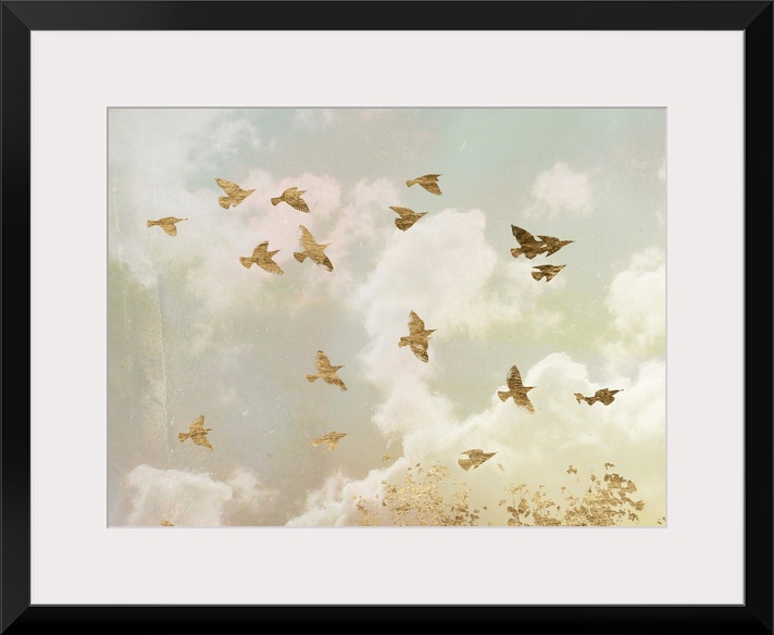 Gold birds in flight in a cloudy sky with bright sunlight.
