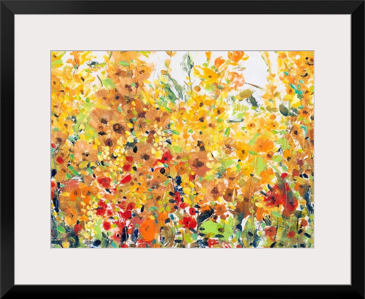 Contemporary painting of a summer garden full of blooming orange and yellow flowers.