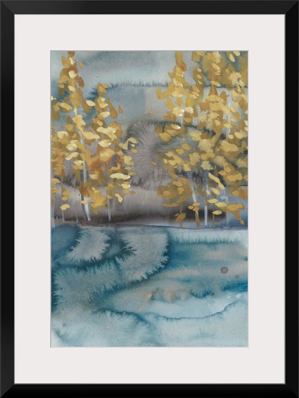 Abstract watercolor landscape in blue and gray with golden trees.