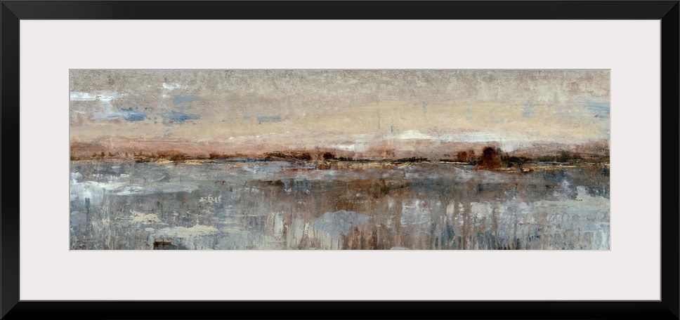 This long, panoramic abstract painting is reminiscent of a coastal landscape. Impressionist-style brush strokes convey the...