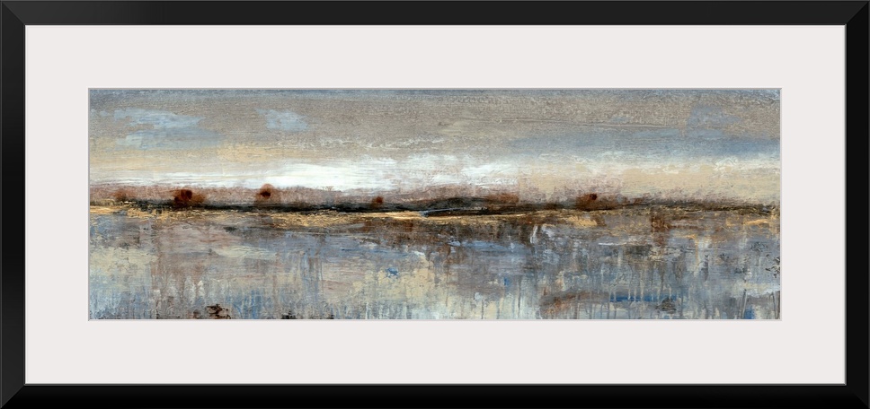 This long, panoramic abstract painting is reminiscent of a coastal landscape. Impressionist-style brush strokes convey the...