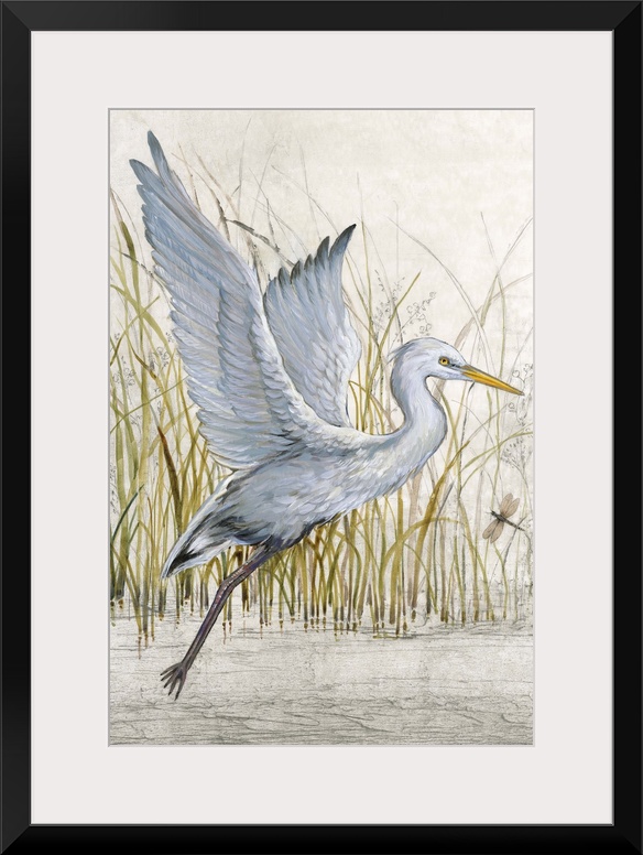 Contemporary artwork of a heron about to take off into flight.