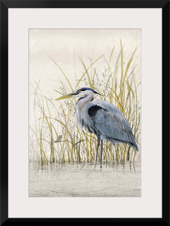 Contemporary artwork of a heron standing in shallow water among tall grass.