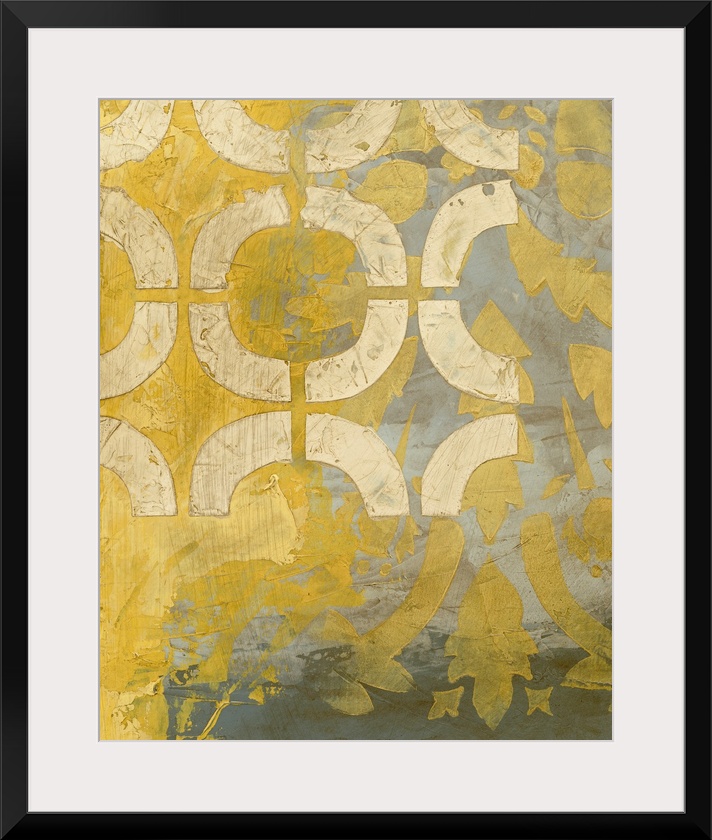 Vertical, giant, contemporary wall painting of harsh, thick, yellow brush strokes on a grey background, with cream colored...