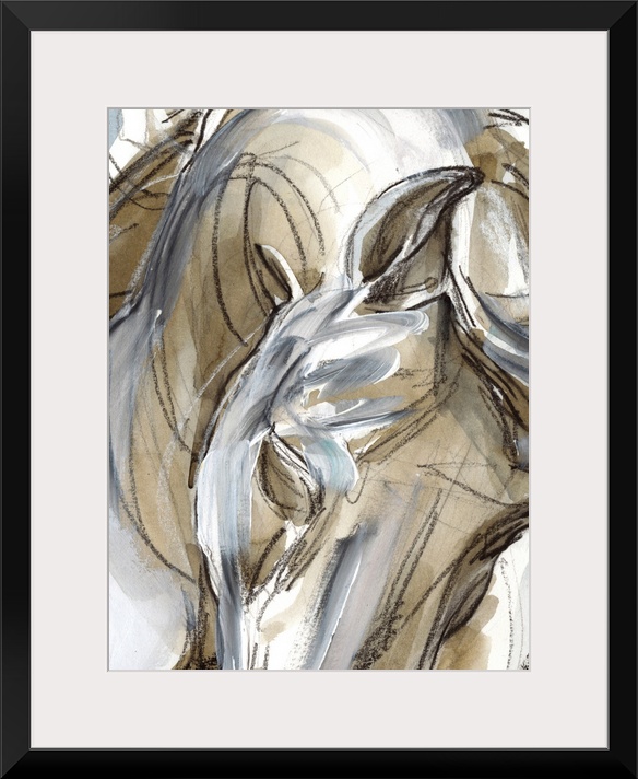 Abstract figurative painting of the close up view of a horse done in brown and white paint with sketched black lines overl...