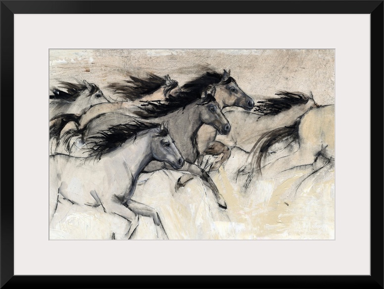 Contemporary artwork of a herd of horses galloping at fast pace.