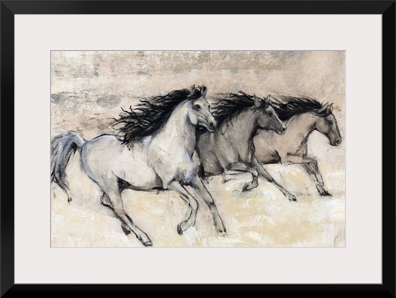 Contemporary artwork of a herd of horses galloping at fast pace.