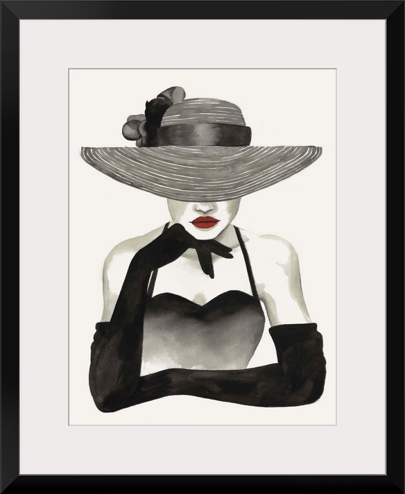 Fashion docor image of a slender woman wearing elbow length black gloves and a large straw hat. Her eyes are covered, givi...