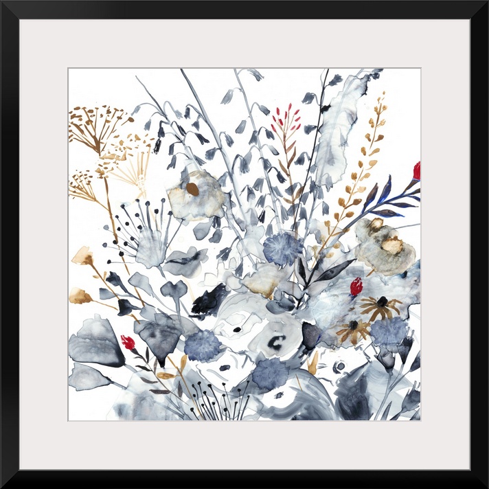 Square watercolor painting of indigo, orange, and red wildflowers.