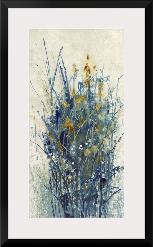 Contemporary abstract artwork using dark cool tones in wispy line strokes creating what looks like grass and flowers.