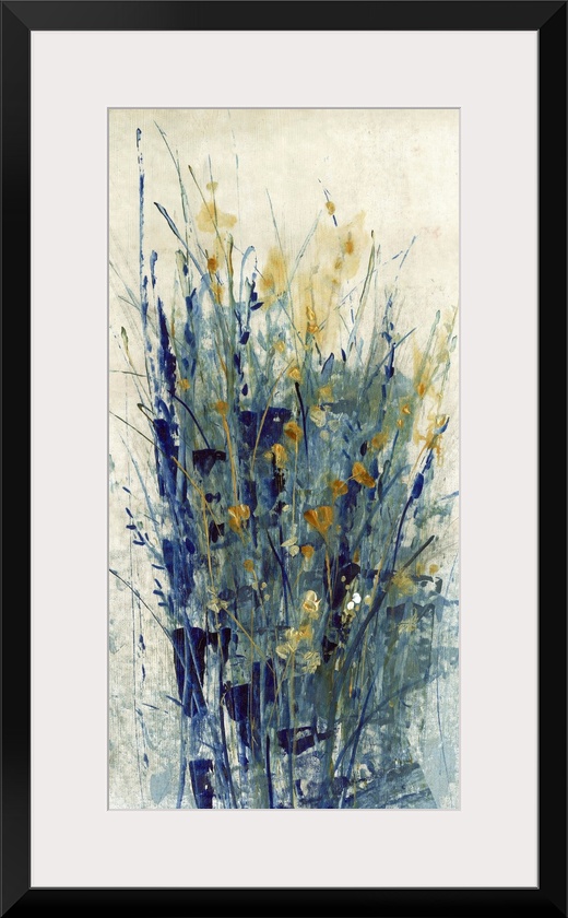 Contemporary abstract artwork using dark cool tones in wispy line strokes creating what looks like grass and flowers.