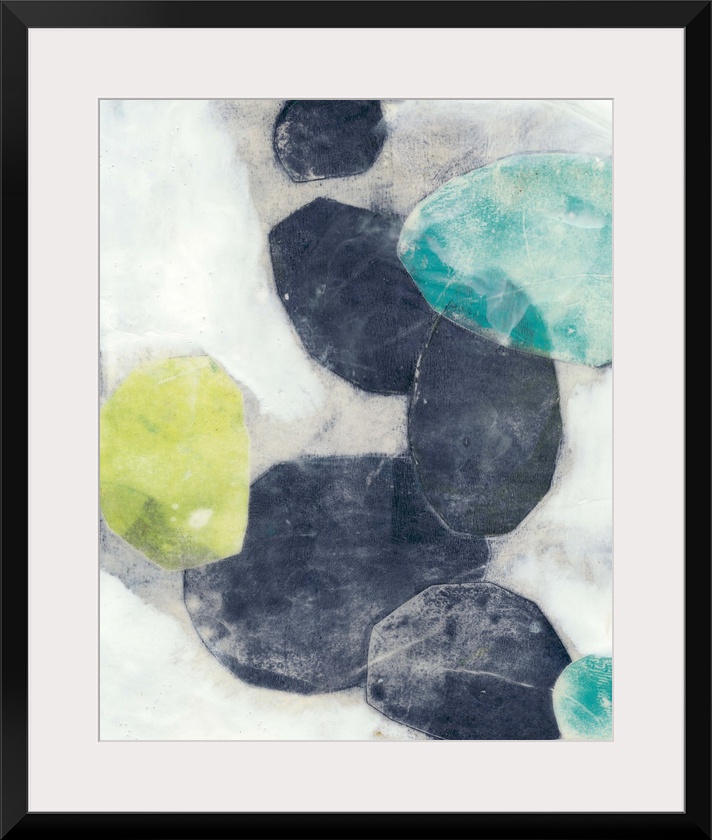 Contemporary painting with abstracted ovular forms in indigo and green on a neutral background.