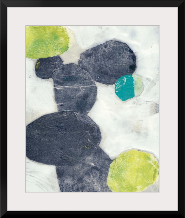 Contemporary painting with abstracted ovular forms in indigo and green on a neutral background.