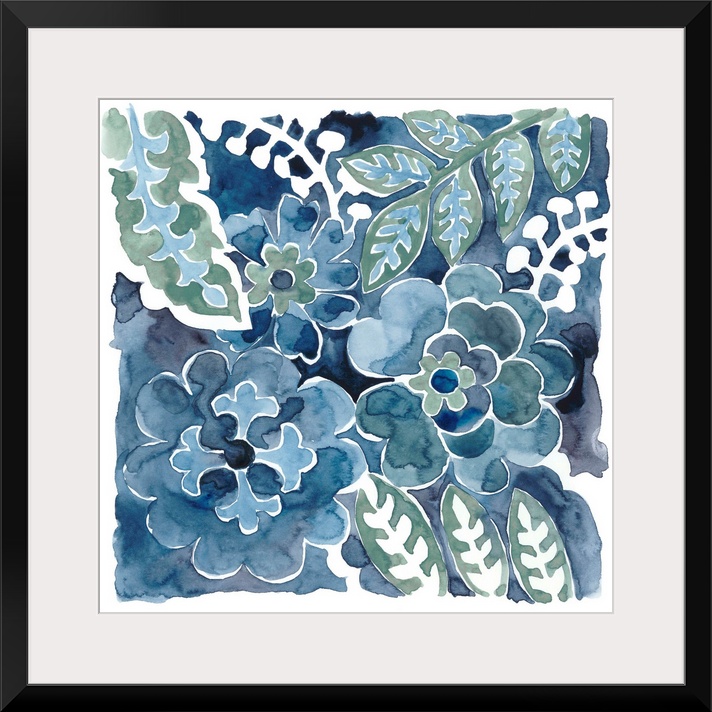 Watercolor floral motif in shades of indigo.