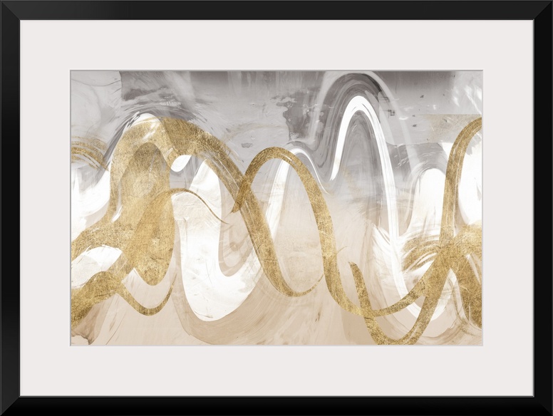 Abstract contemporary painting of interweaving gold and white wavy lines.