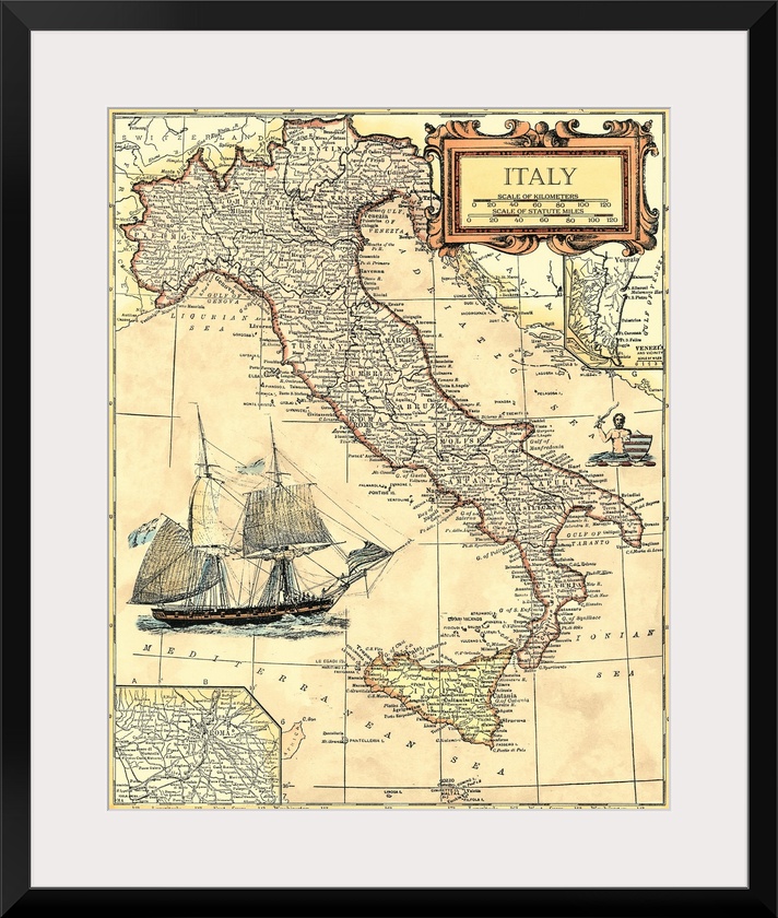 This vertical wall art is an antique political map of Italy with cities and regions labeled in Italian.