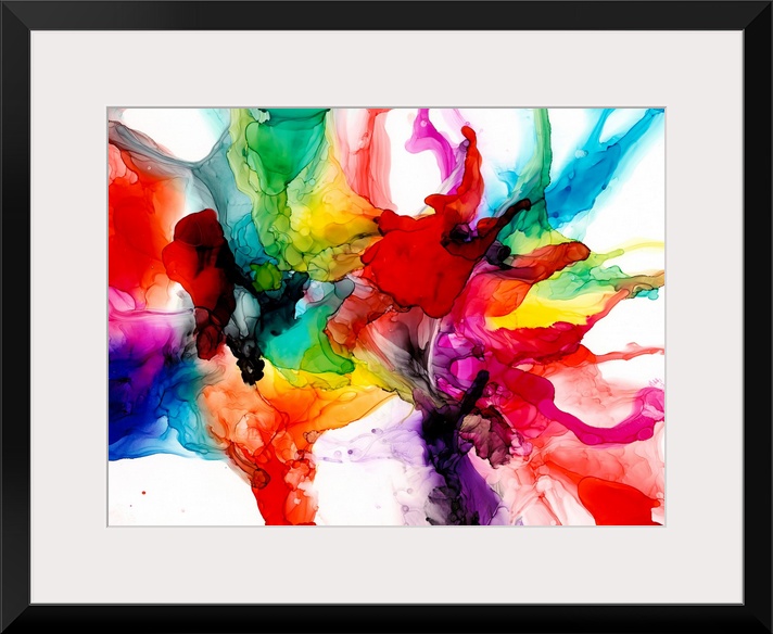 A punchy, bright, jewel-toned abstract created with an alcohol ink technique. Featuring every color of the rainbow on a wh...