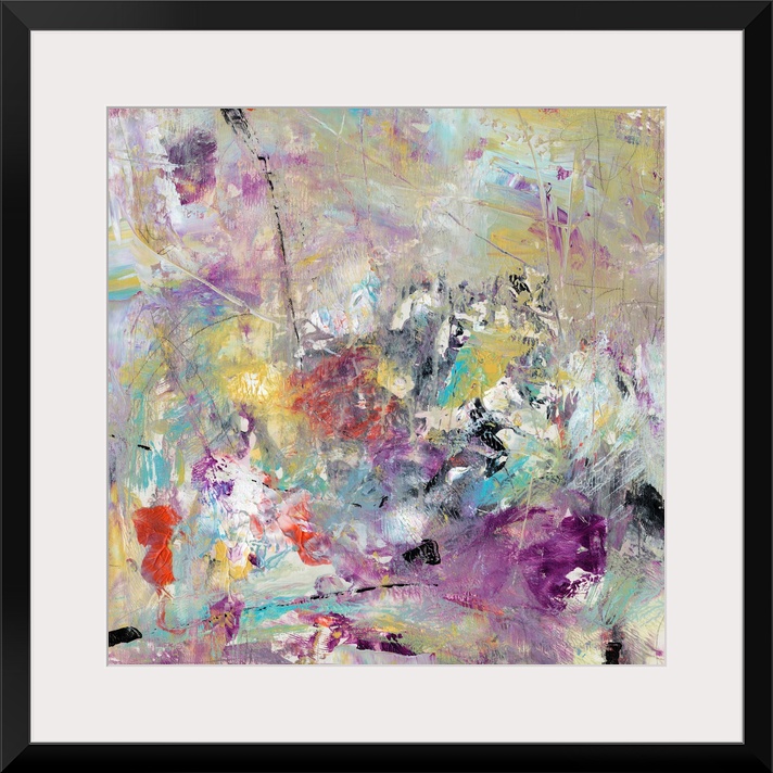 Contemporary abstract artwork in a frenzy of colors and textures, with scratches, brushstrokes, and splatters.