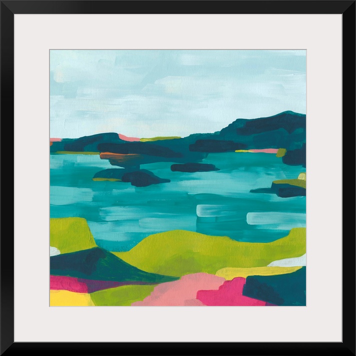 Contemporary abstract landscape in vibrant hues.