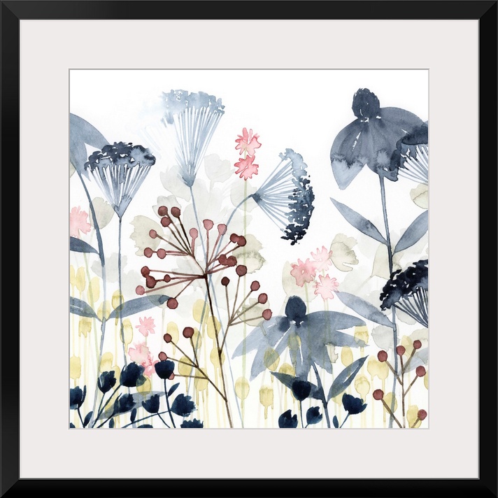 This soft contemporary artwork features an assortment of wildflowers and foliage including delicate blue watercolor blossoms.