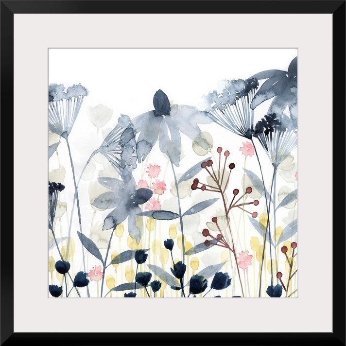 This soft contemporary artwork features an assortment of wildflowers and foliage including delicate blue watercolor blossoms.