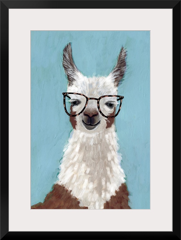 One painting in a series of hipster llamas with goofy grins wearing eye glasses.