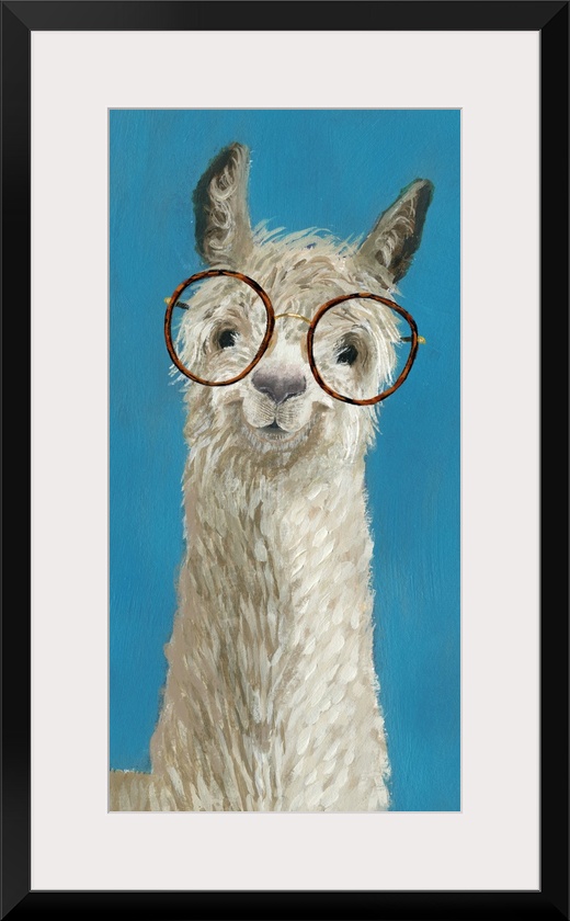 One painting in a series of hipster llamas with goofy grins wearing eye glasses.