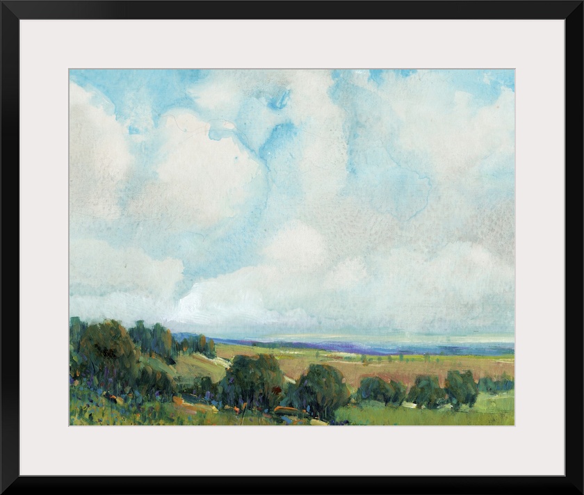 This contemporary artwork features short vertical brush strokes to create this lively countryside landscape with soft clou...