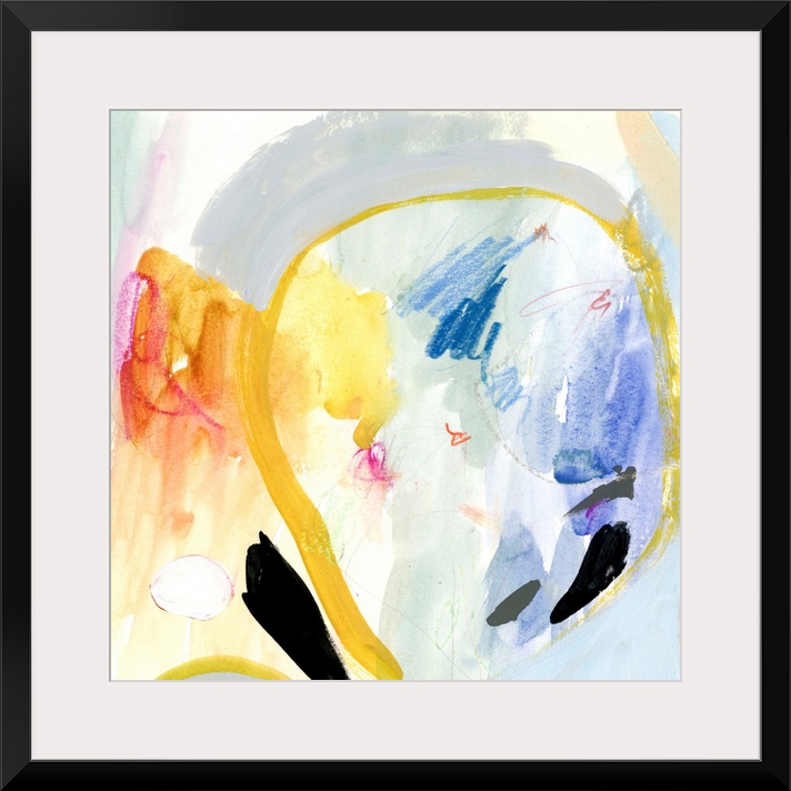 Contemporary abstract painting in various colors with large circular shapes in bright yellow.