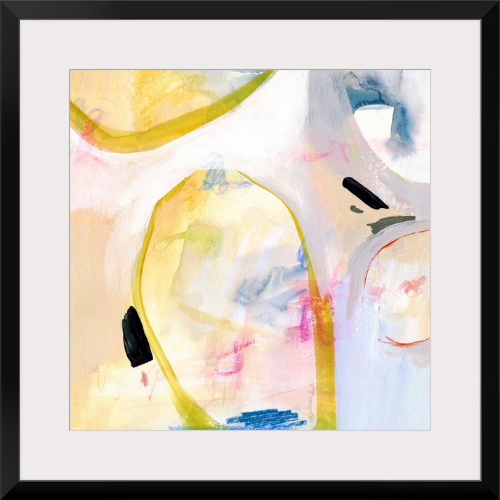 Contemporary abstract painting in various colors with large circular shapes in bright yellow.