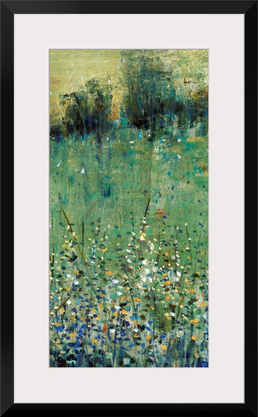 Contemporary painting of an abstracted green meadow full of wildflowers.