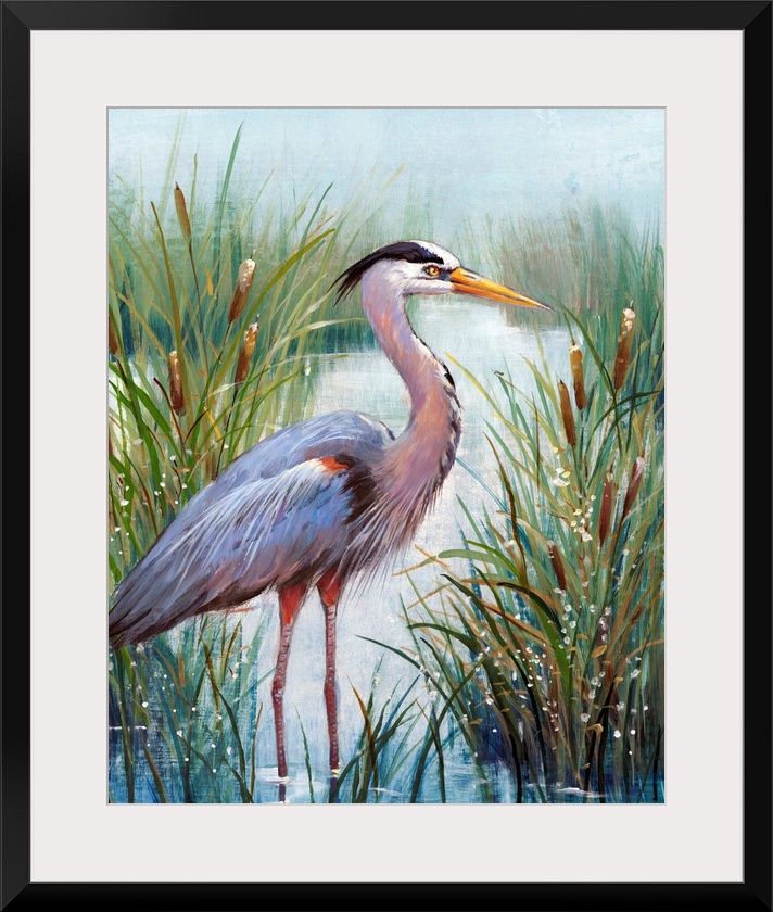 In this contemporary artwork, a stoic heron wades in the water with tall grasses and cattails working as camouflage.