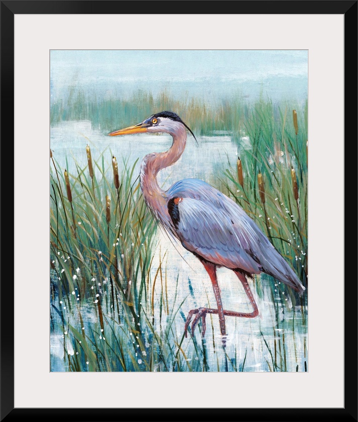 In this contemporary artwork, a stoic heron wades in the water with tall grasses and cattails working as camouflage.