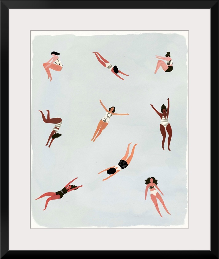 Contemporary figurative painting of various women in swim suits diving and swimming.