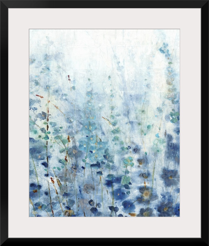 Contemporary painting of a patch of wildflowers made in shades of blue with gold accents.