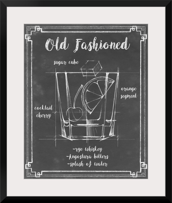 Blueprint style diagram and recipe of an Old Fashioned cocktail.